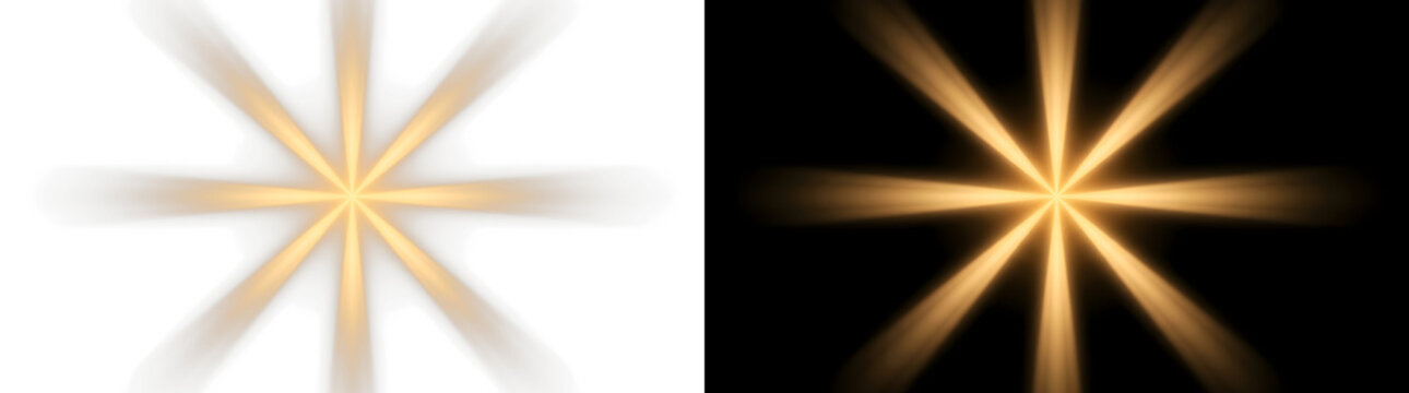 Golden starburst light effect with radial rays on dark and light backgrounds