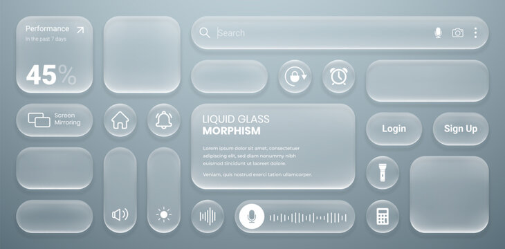 Set of liquid glass morphism white elements in various shapes with transparent buttons. Digital text box design for modern user interface elements