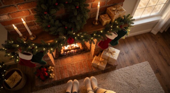 Cozy Christmas fireplace mantel decorated with evergreen wreath, garland, stockings, and gifts, viewed from above with warm lighting.