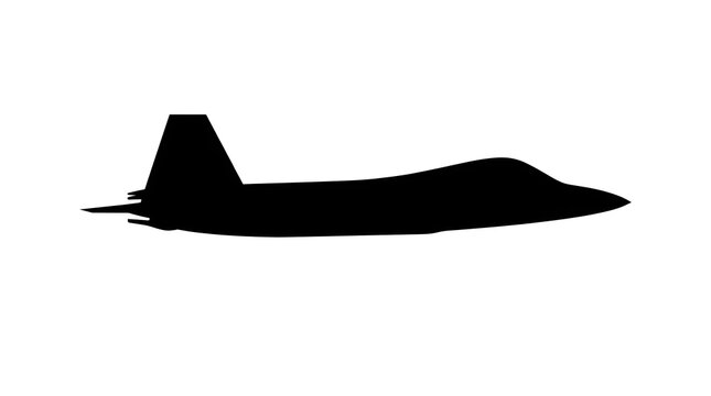 Black silhouette of a modern fighter jet displayed against a clean plain white background with background minimalist vector silhouette sleek military with plane