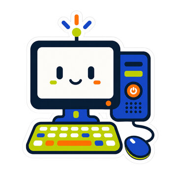 Kawaii smiling desktop PC character with an idea lightbulb, friendly computer monitor with face, keyboard, and mouse, colorful flat design technology illustration for children graphic resources