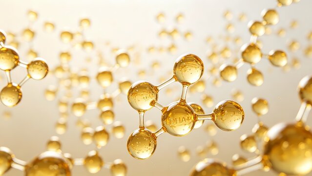 DHA fatty acid molecular structures naturally suspended in a clear, golden-yellow nutritional oil.
