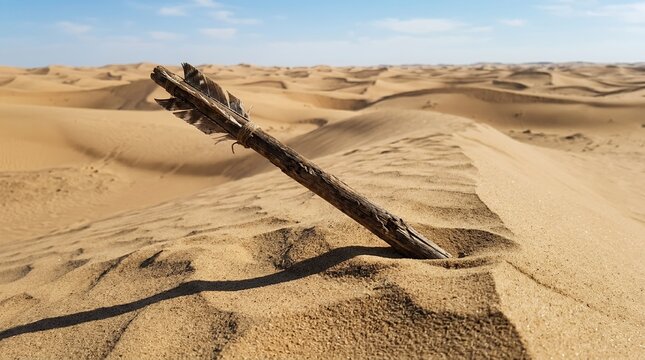 Ancient wooden arrow stuck in desert sand dunes under a clear blue sky.