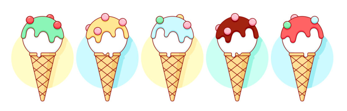 Ice cream scoop, popsicle set. Vanilla ice cream scoop, waffle cone, fruit popsicle color set. Delicious ice cream collection. Tasty summer dessert, icon set, menu, food design. Vector Illustration