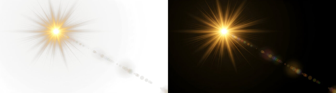 Bright sun flare and light burst optical effect on white and black backgrounds