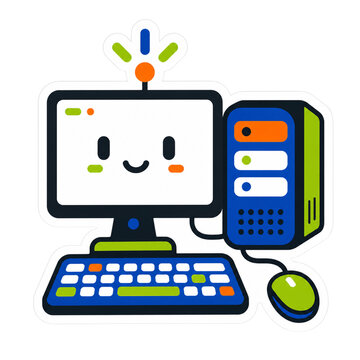 Cute cartoon desktop computer mascot with a smiling face, keyboard, mouse, and CPU tower, colorful kawaii technology illustration for kids and education, friendly AI tech concept art