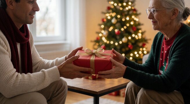 A heartwarming moment of gift exchange during Christmas, featuring a man presenting a wrapped present to an elderly woman near a decorated tree.