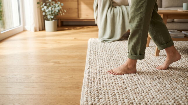 Woman Walking Barefoot on a Soft Rug in a Cozy Home Environment