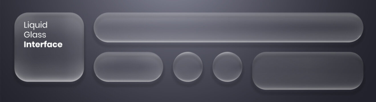 set of liquid glass morphism white elements in various shapes. Transparent glass panel, light frame, smartphone and web application banner with blur effect