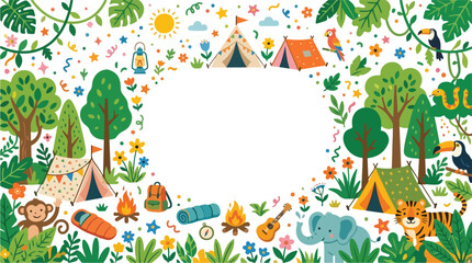 Naklejka premium A colorful jungle camping illustration frame featuring tents, wild animals, campfires, and vibrant tropical flora around a blank center.