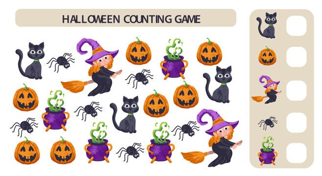 Math counting game for kids with cute halloween elements of witch, cat and pumpkin