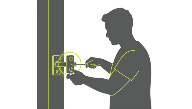 Man using a screwdriver to install a smart door lock handle on a doorway with a bright green highlighted detail.