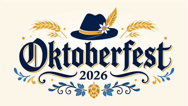 Oktoberfest 2026 horizontal banner template with Gothic typography, Alpine Bavarian hat with feather, Edelweiss flower, wheat ears, and hop cone flourishes.