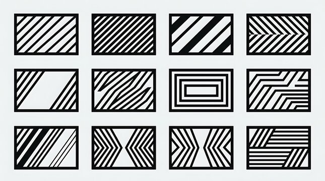 Minimalist geometric pattern set, 12 black and white line art textures, abstract striped graphic elements for modern branding