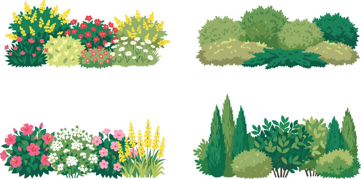 Landscape design bushes and flower beds vector illustration collection featuring green garden shrubs, evergreen hedges, blooming floral borders, and botanical garden plants.
