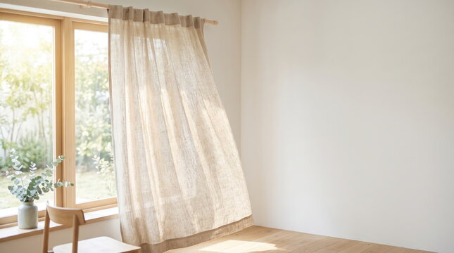 Soft linen curtain gently swaying in sunlight