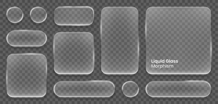 Set of frames with liquid glass effects with shining edges and highlights. White, translucent geometric shapes. UI UX elements for smartphone or websites user interfaces