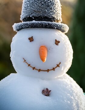 Close up of snowman face with carrot nose covered by frost in the garden
