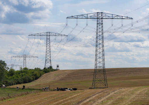 Weite Agrarlandschaft mit frisch gepfl&uuml;gtem Acker und Hochspannungsleitungen sowie Windkraftanlagen am Horizont, Uckermark, Brandenburg, Deutschland