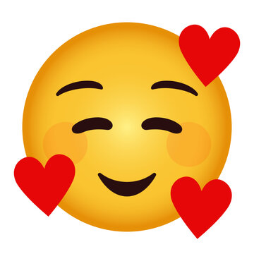 Smiling face with hearts emoji, In love face emoji with closed smiling eyes, rosy cheeks, and floating red hearts, yellow round emoticon expressing affection and adoration.