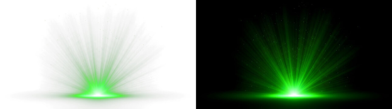 Green energy burst from ground with vertical light rays and glowing particles