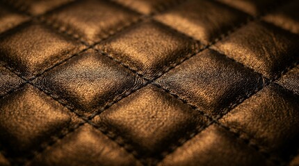 Fototapeta premium High Detail Macro View Dark Amber Quilted Material Surface Diamond Stitching Motif Reflective Metallic Sheen Luxury Upholstery Fabric Texture Design Wallpaper macro brown quilted leather texture