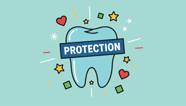 Cute hand drawn dental protection logo template with a healthy blue tooth surrounded by colorful stars and hearts.