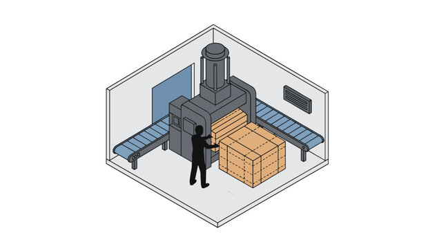 Factory worker managing industrial box packaging machine with conveyor belts in organized warehouse facility.