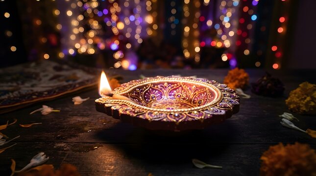 Decorative diwali diya lamp with bokeh lights