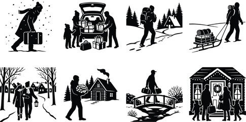 Fototapeta premium Christmas winter travel and celebration black silhouettes set of people activities