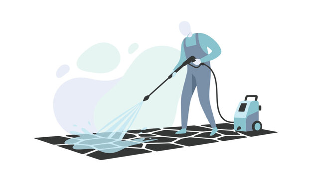 Person cleaning outdoor tiled surface with powerful water pressure washer machine in modern home exterior setting.