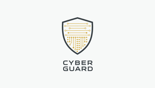 Cyber Guard logo template showing a dark shield emblem enclosing a golden printed circuit board design on a grey background.