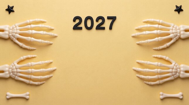 Happy new year abstract  background new 2027 Creative skeleton hands holding year 2027 number with stars background isolated on transparent background, isolated on white background