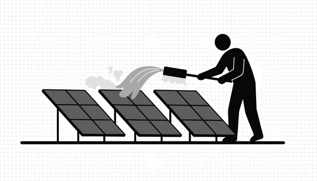Person cleaning solar panel modules with long handled mop tool in open field.