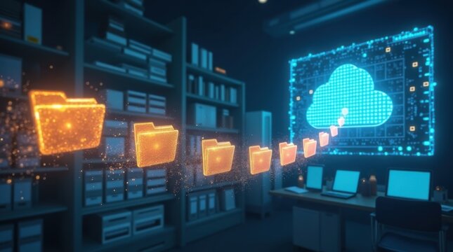Un flujo elegante de carpetas virtuales que transportan documentos electr&oacute;nicos a la nube