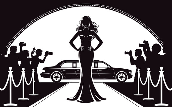Elegant celebrity red carpet event silhouette with glamorous woman, luxury limousine, photographers, velvet ropes, and spotlight        