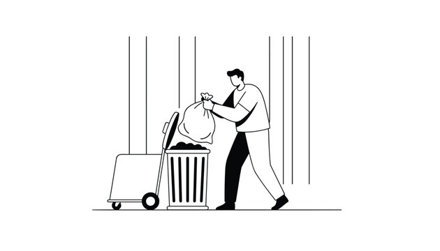 Person placing a filled garbage bag into a metal trash can beside a rolling container in a minimalist office hallway.