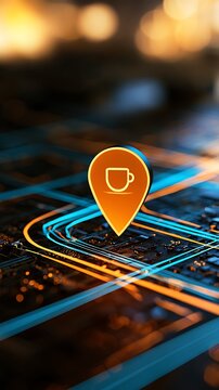 Glowing Orange Location Pin with Coffee Cup Icon on Tech Map Background