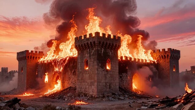 Medieval stone fortress engulfed in massive fire during sunset. Lockdown wide shot.