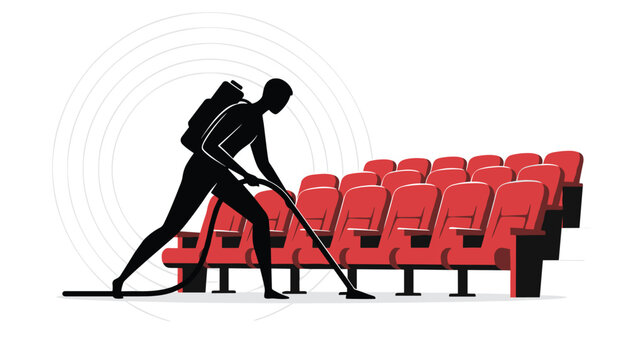 Silhouette of a janitor using a backpack vacuum cleaner to clean the red seats in an empty movie theater hall.