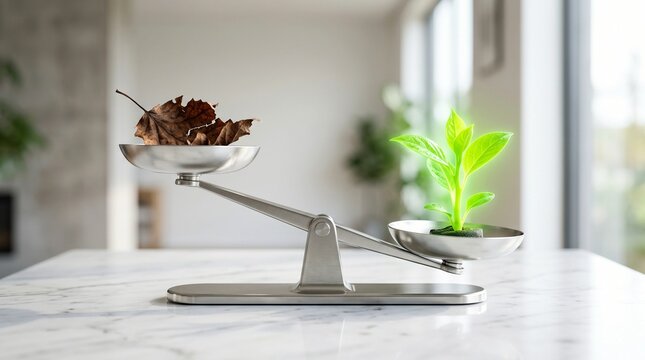 Balance Scale with Dead Leaf and Green Sprout for Biological Age and Longevity Concept
