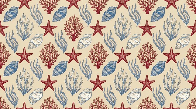 Seamless Nautical Pattern Arranged in Diamond Grid Featuring Red Starfish Sea Corals Ocean Shells and Seaweed Background nautical pattern seamless pattern starfish pattern sea corals ocean shells