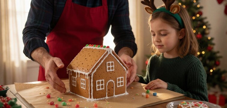 Father and daughter decorating a gingerbread house together during the holidays, a cozy baking scene.