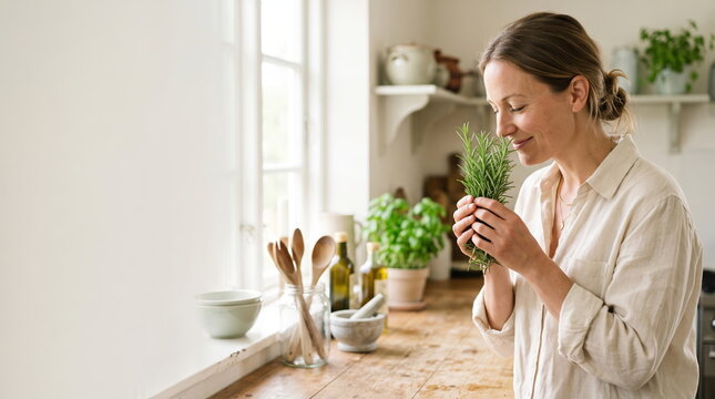 Woman smelling fresh herbs while holding a bouquet of aromatic plants