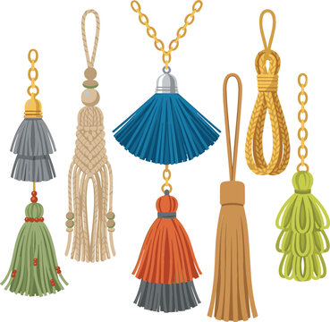Decorative tassel vector illustration collection featuring elegant hanging cords, macrame fringes, luxury metallic chains, tiered fabric trimmings, and stylish fashion curtain tiebacks.