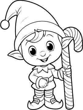Cute Christmas Elf Holding Candy Cane Coloring Page