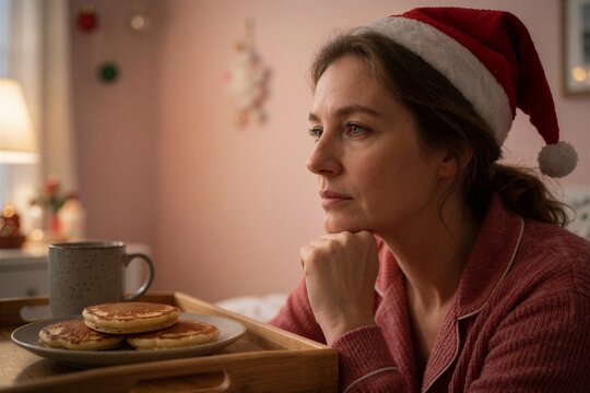 Woman in Santa hat thoughtfully looks at pancakes during a cozy holiday Christmas breakfast at home.