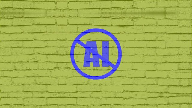 Prohibition emblem representing artificial intelligence restriction is centered on a light green brick surface to denote the manual creation of the content shown within this specific professional.