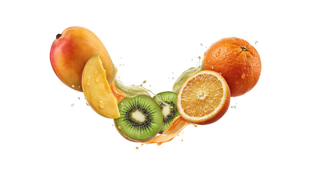 Fresh mango slice, kiwi fruit, and orange splashing with liquid droplets, isolated on a black background, vibrant healthy food