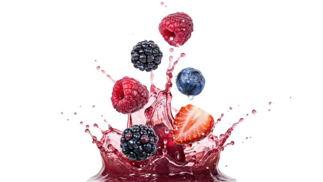 Fresh mixed berries including strawberries, raspberries, and blackberries splashing into a red fruit juice isolated against a solid black background